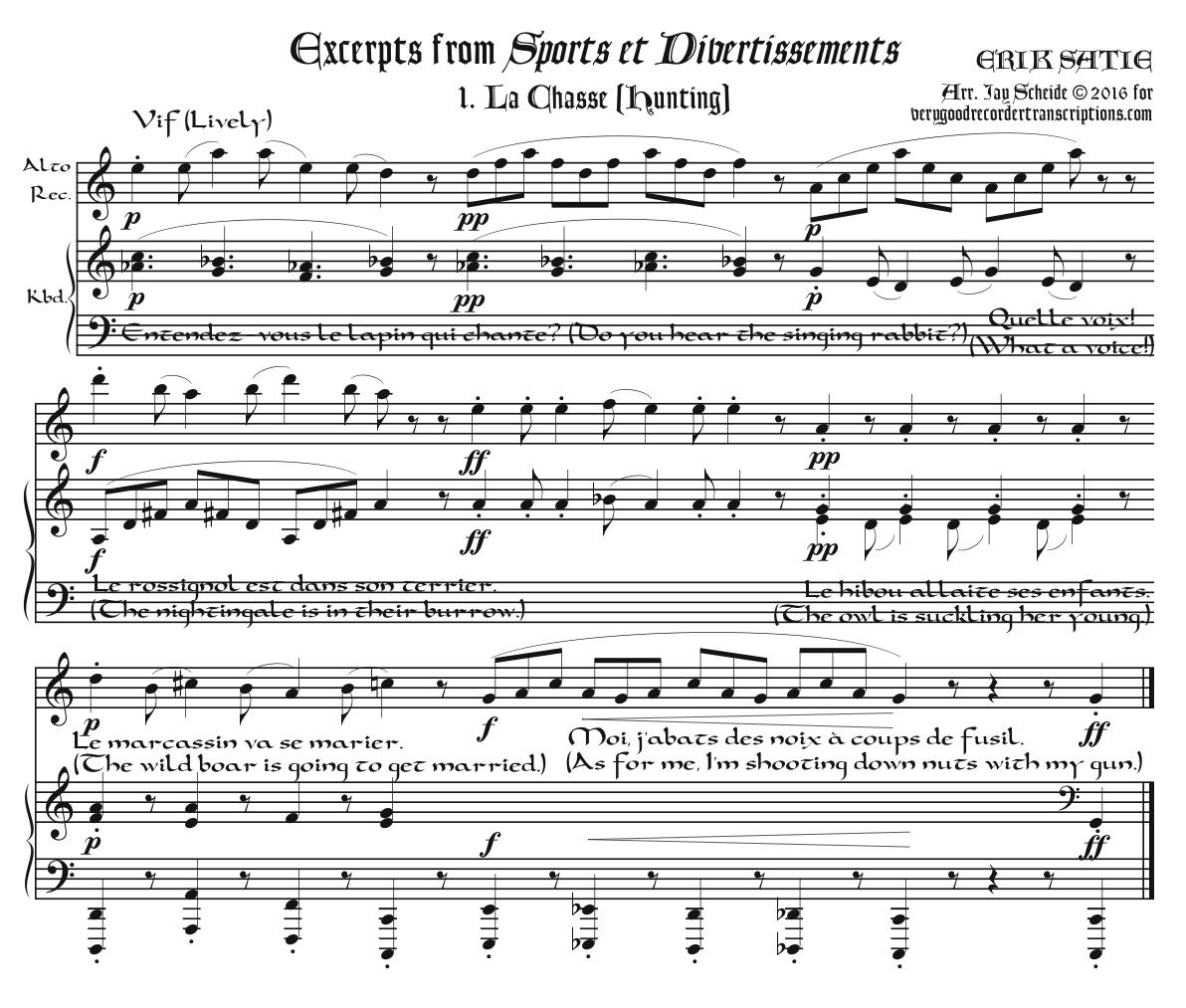 Excerpts from *Sports et Divertissements* arr. for alto recorder—doubling C instrument—& keyboard