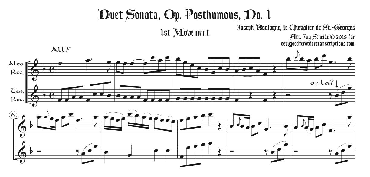 Duet Sonata, Op. Posthumous, No. 1, 1st Mvt., arr. for alto & tenor recorders