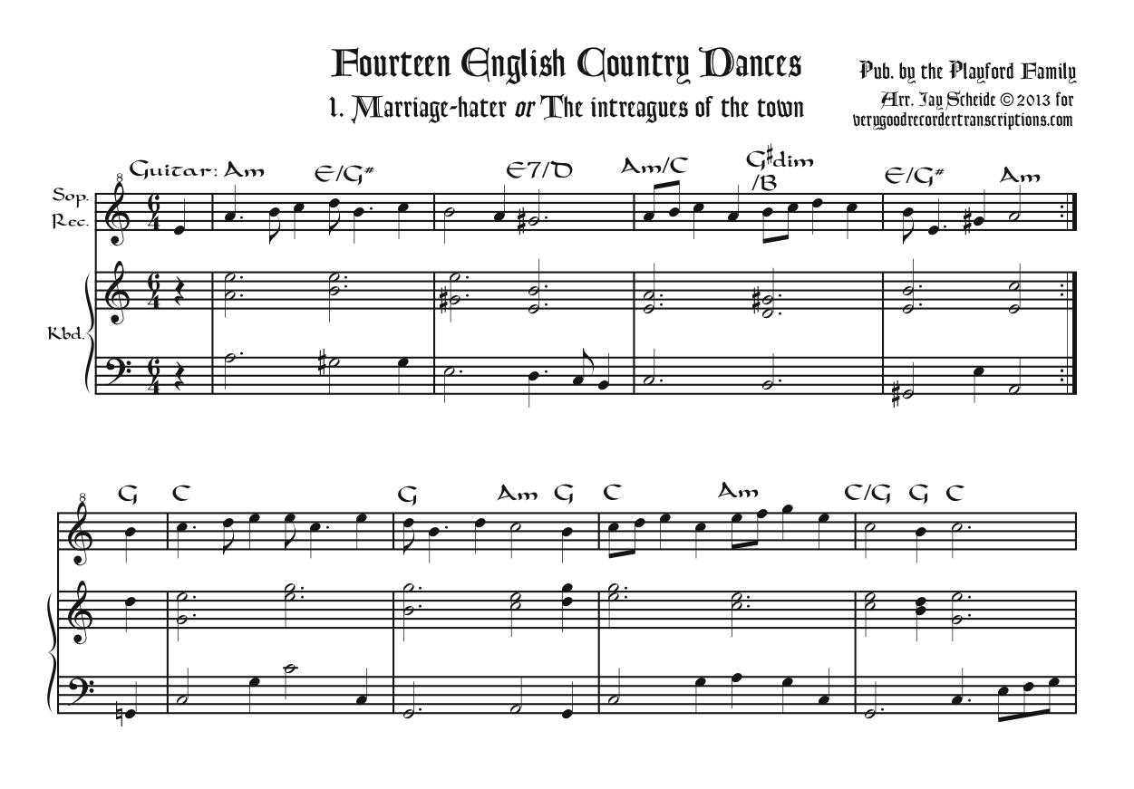 Fourteen English Country Dances, arr. for soprano recorder & keyboard/guitar