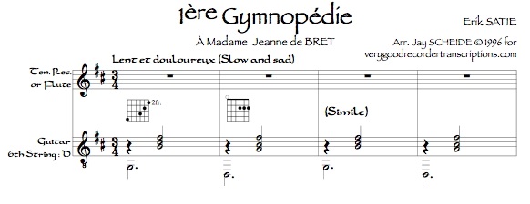 *3 Gymnopédies* arr. for tenor recorder, doubling alto, and guitar
