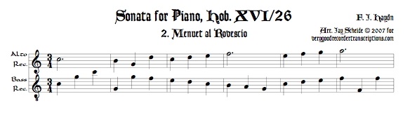 “Menuet al Rovescio” from Piano Sonata Hob. XVI/26, arr. for alto & bass recorders