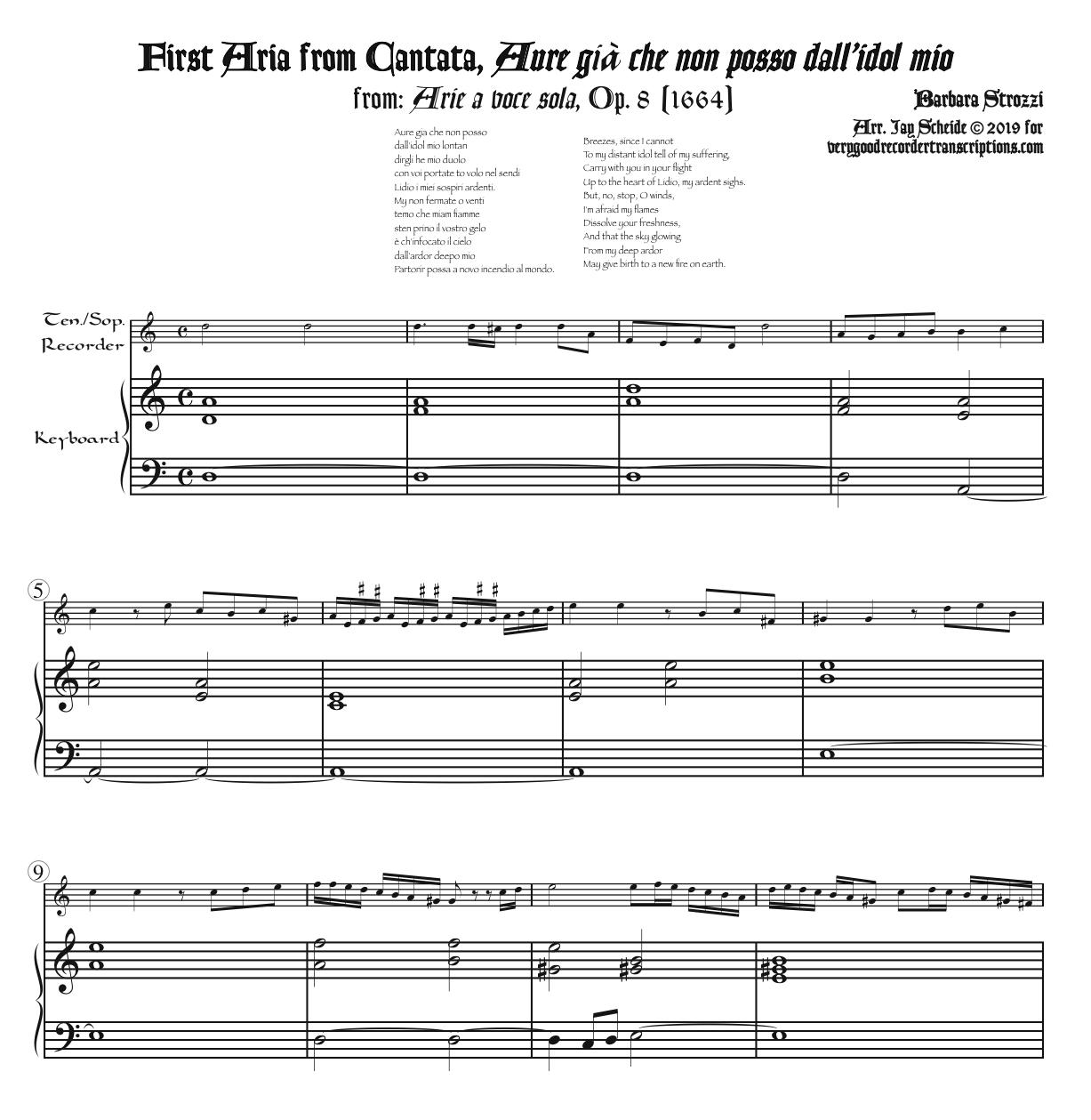 Aria from the Cantata “Aure già che” from *Arie a voce sola*, Op. 8, arr. for tenor or soprano recorder & keyboard