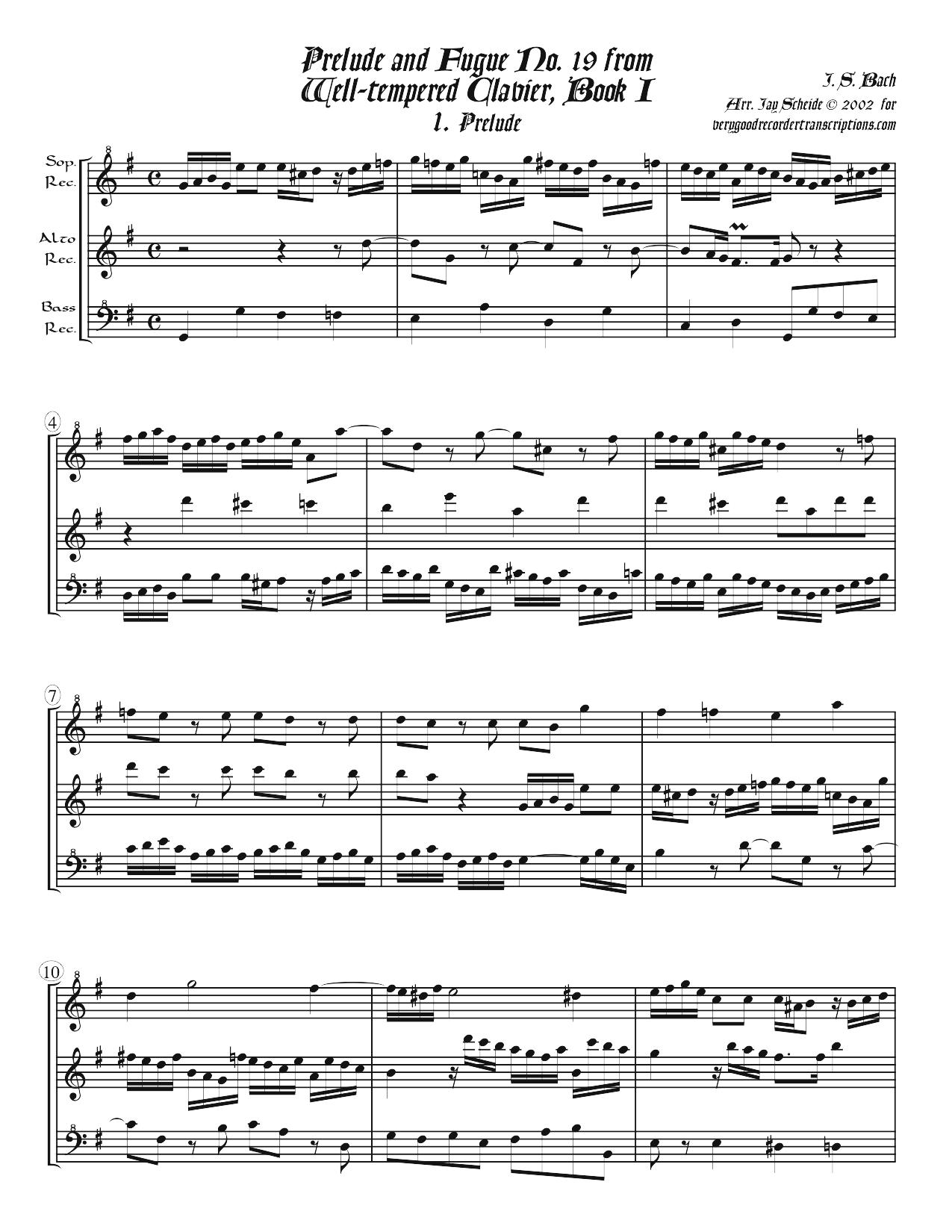Prélude No. 19, BWV 864/1, arr. for recorder trio, two versions
