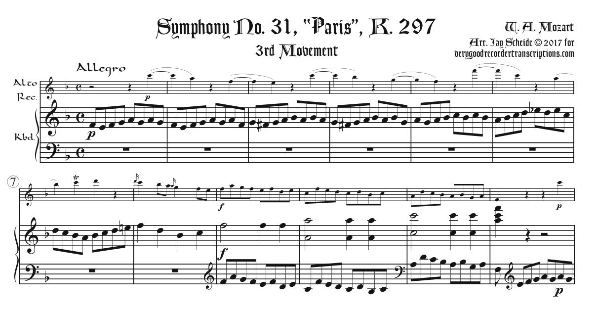 “Paris” Symphony, K. 297, Finale, for alto recorder, doubling soprano or tenor, & keyboard
