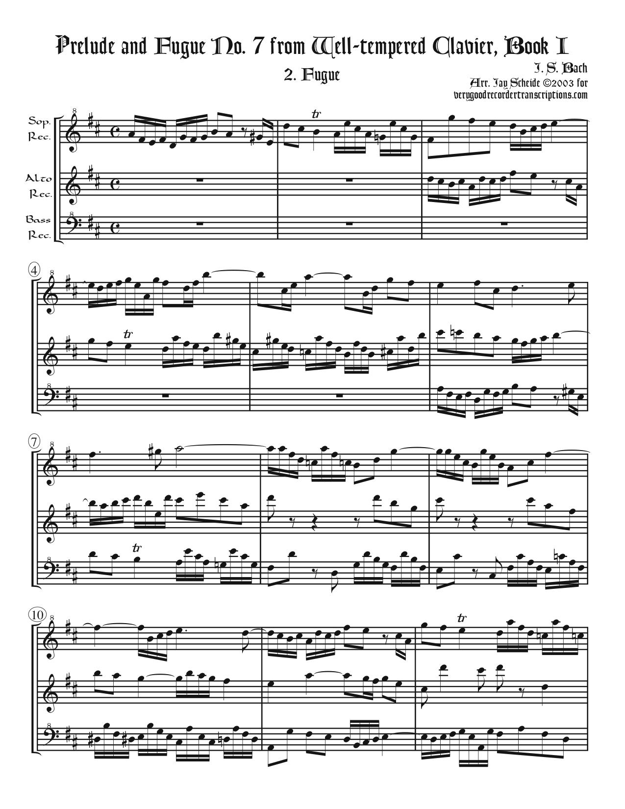 Fugue No. 7, BWV 852/2, arr. for SAB recorders, two versions