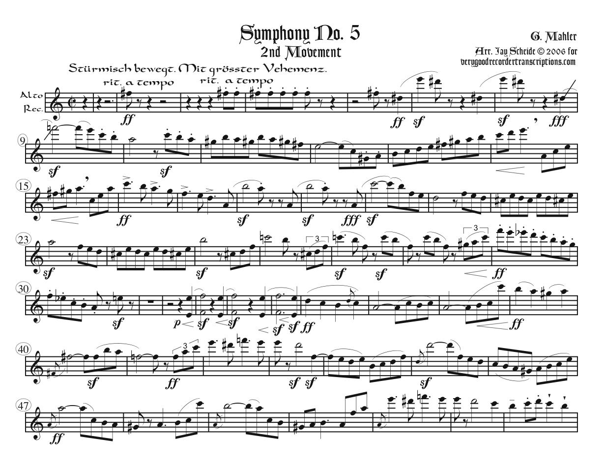 Symphony No. 5, arr. for one player alternating between Soprano, Alto, Tenor & Bass and optional Sopranino