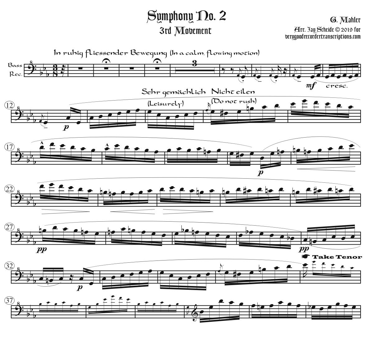 Symphony No. 2 “Resurrection” complete, arr. for one player alternating between SATB, sopranino, and alto recorder in G