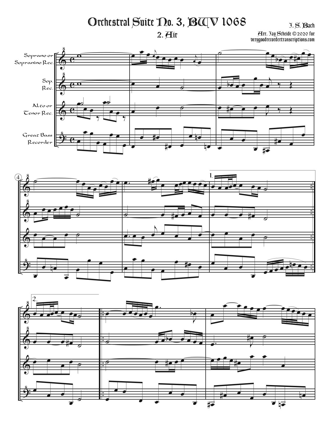 Air from Suite No. 3, BWV 1068 (“Air on the G-string”), arr. for Recorder Quartet