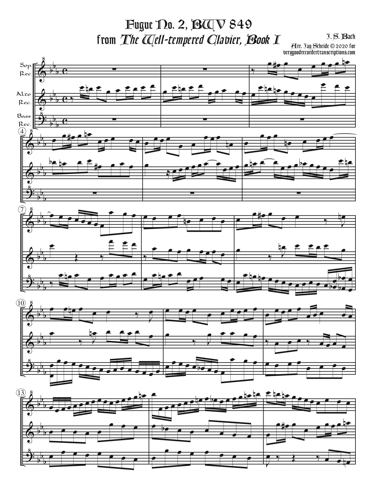 Fugue No. 2, BWV 849/2, arr. for SAB recorders