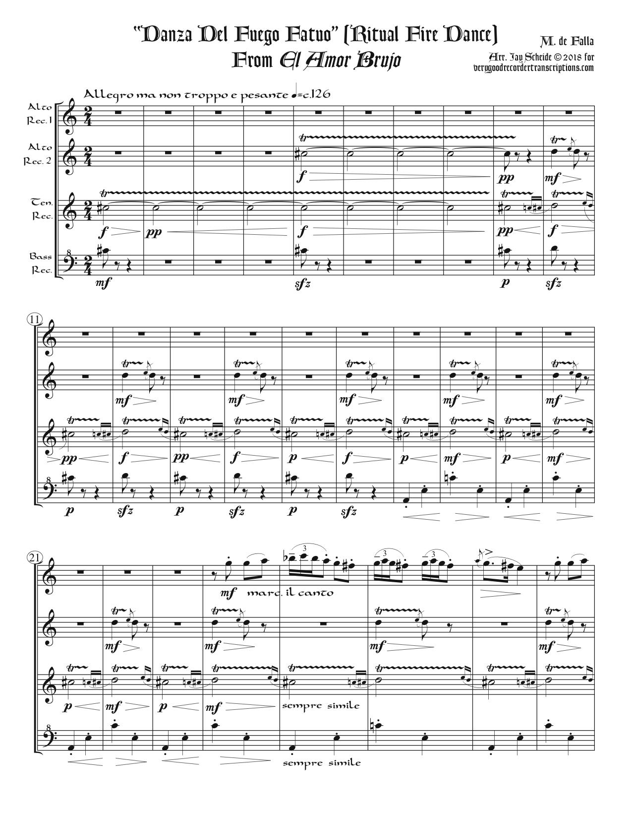 “Ritual Fire Dance”, from *El Amor Brujo*, arr. for recorder quartet