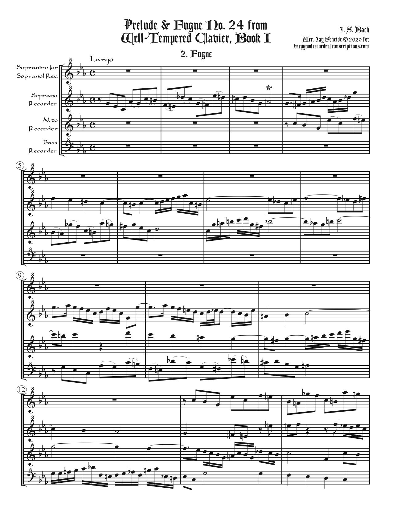 Fugue No. 24,  BWV 869/2, arr. for recorder quartet