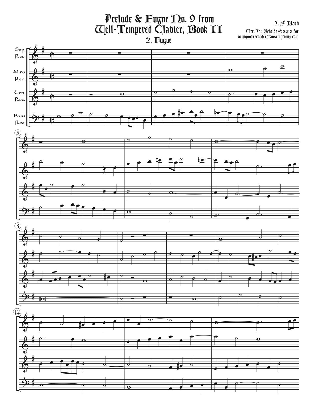 Fugue No. 9, BWV 878/2, arr. for SATB recorders
