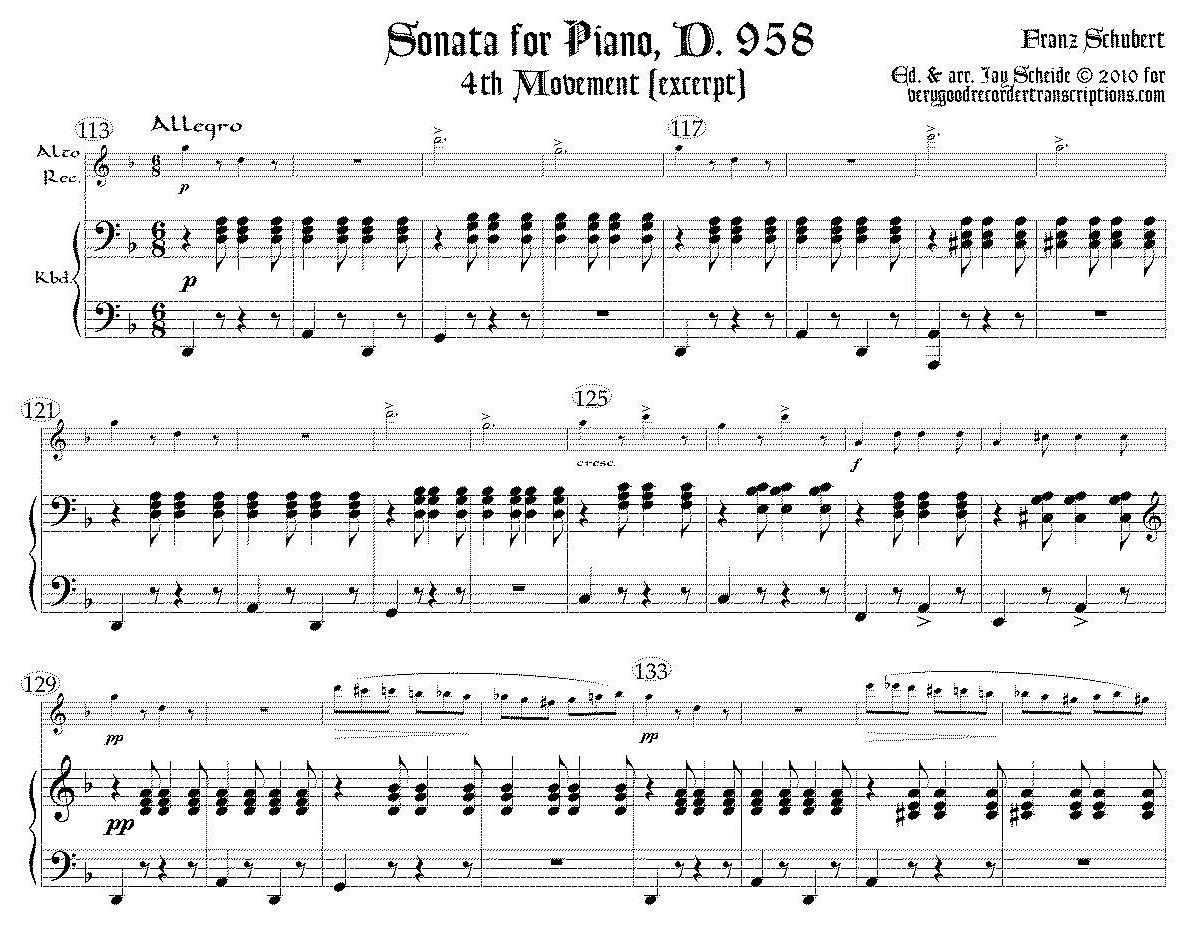 Excerpt from Piano Sonata, D. 958, 4th mvmt., choice of version for alto or bass recorders