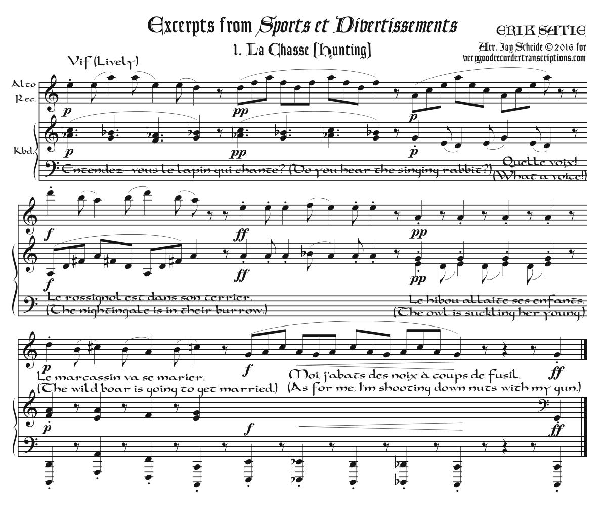 Excerpts from *Sports et divertissements* arr. for alto recorder—doubling C instrument—& keyboard