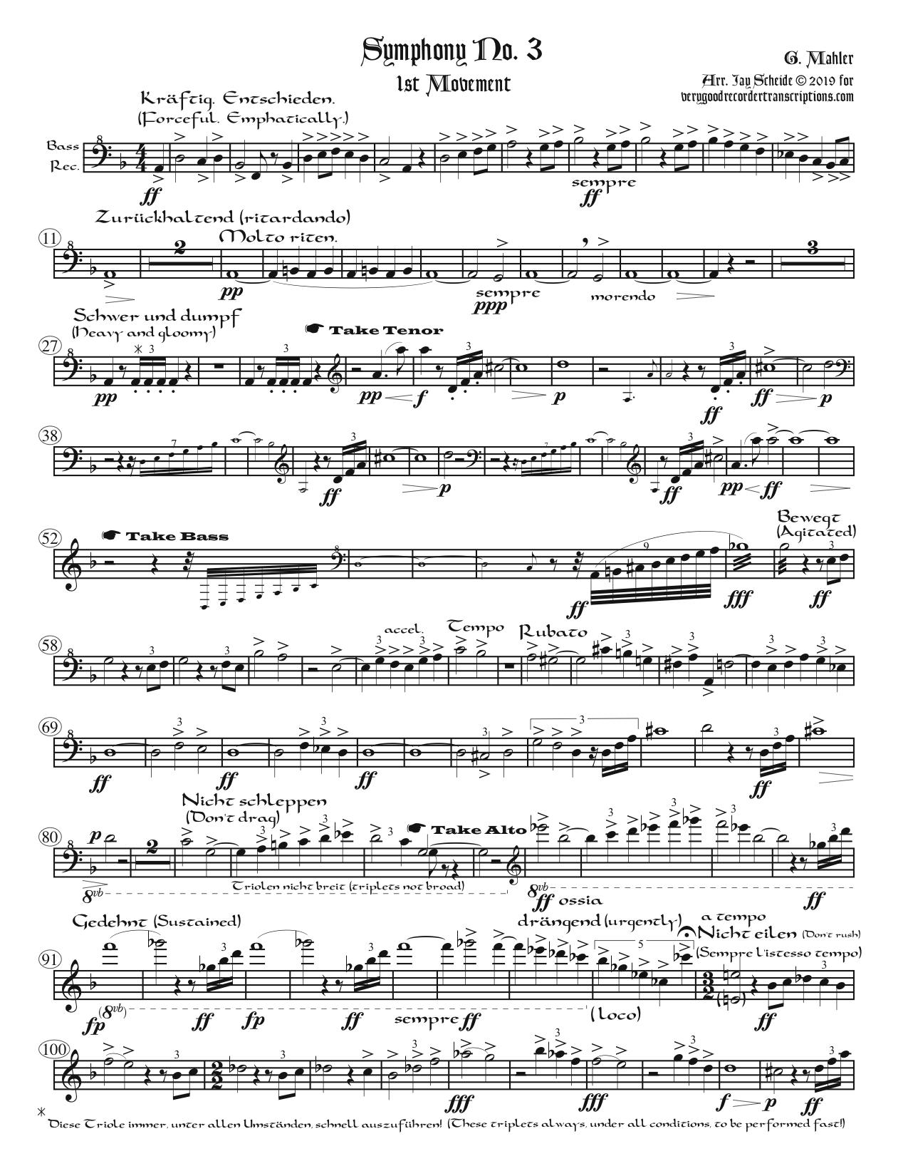 First three Mvts. from Symphony No. 3, arr. for one player alternating between Sopranino, Soprano at old & modern pitch, Alto at old & modern pitch, and in G, Tenor & Bass