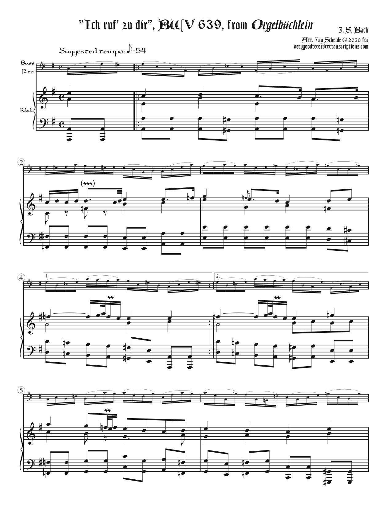 Chorale Prélude, “Ich ruf’ zu dir,” BWV 639, arr. for bass recorder & keyboard