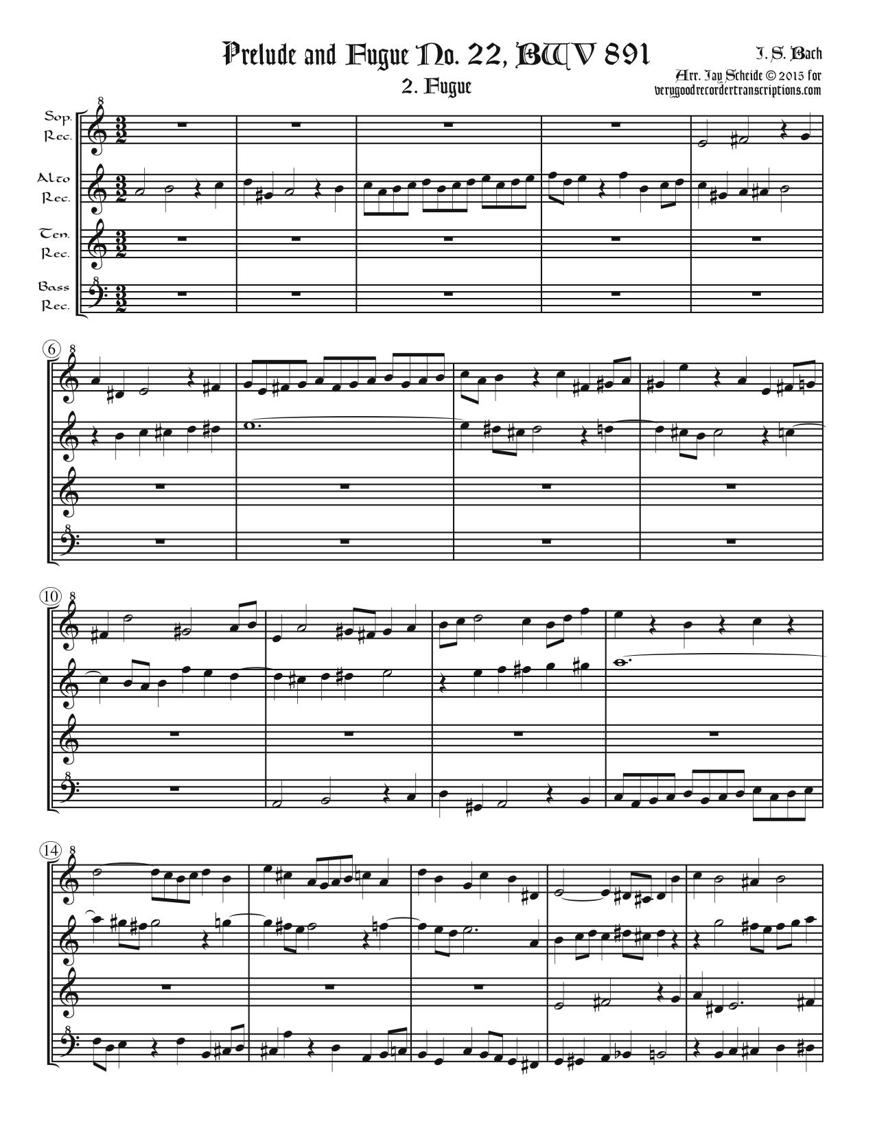 Fugue No. 22, BWV 891/2, arr. for SATB recorders