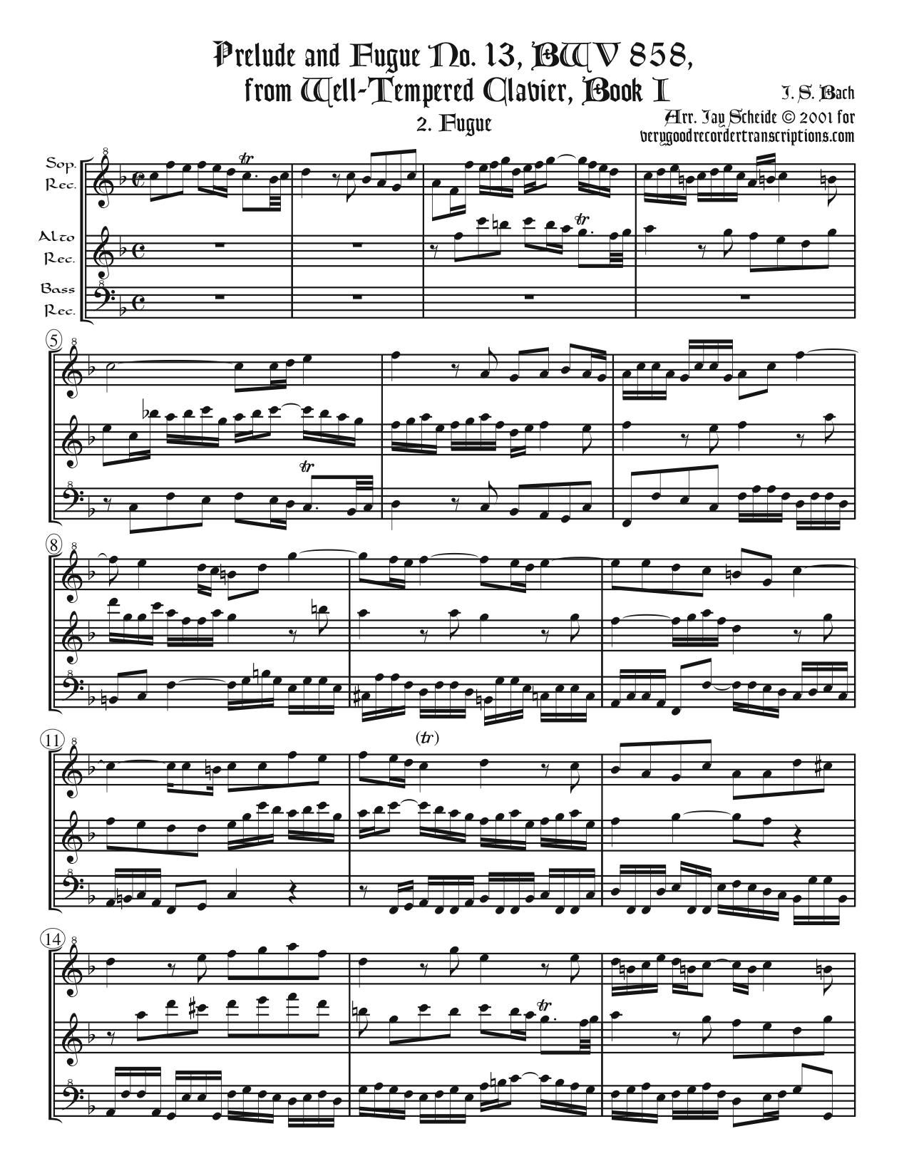 Fugue No. 13, BWV 860/2, arr. for SAB recorders