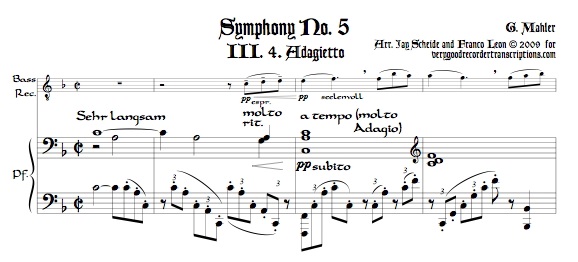 Adagietto from Symphony No. 5, for bass recorder—doubling alto—and keyboard