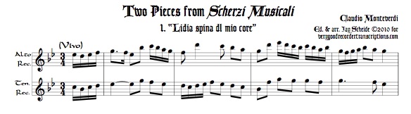 Two duets from *Scherzi Musicali* for alto & tenor recorders