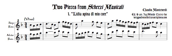 Two duets from *Scherzi Musicali* for soprano & alto recorders