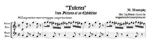“Tuileries” from *Pictures at an Exhibition*, duet for alto & bass recorders, or soprano & tenor