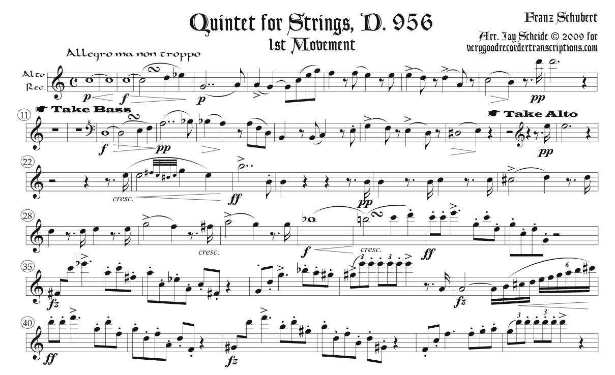 1st Movement from String Quintet, D. 956, for alto recorder with optional passages for bass