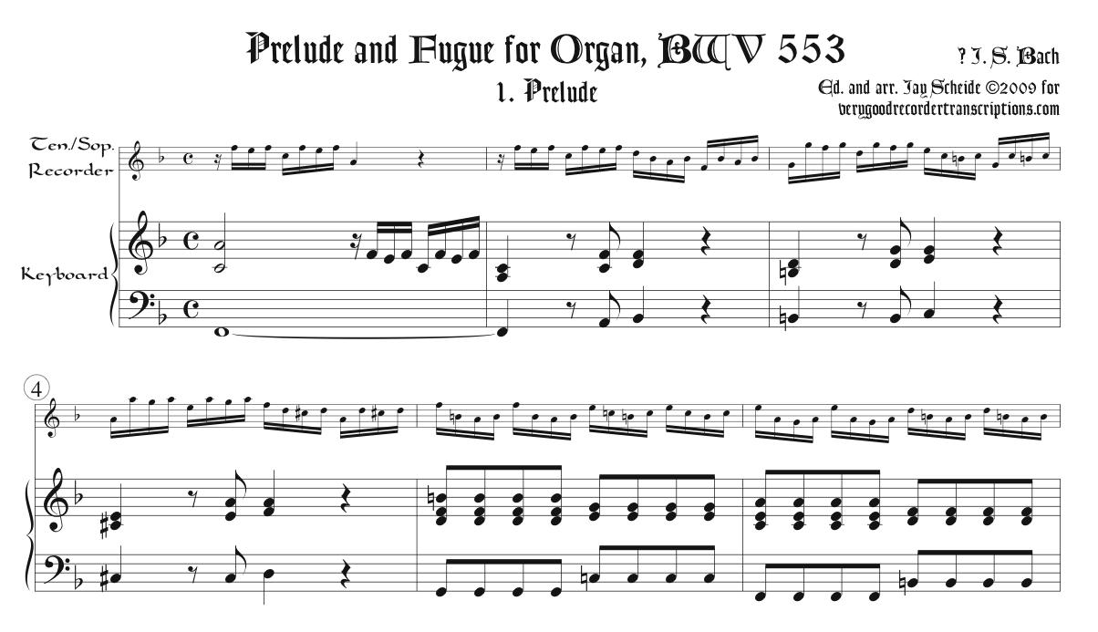 Prélude and Fugue, BWV 553, arr. for tenor or soprano recorder & keyboard