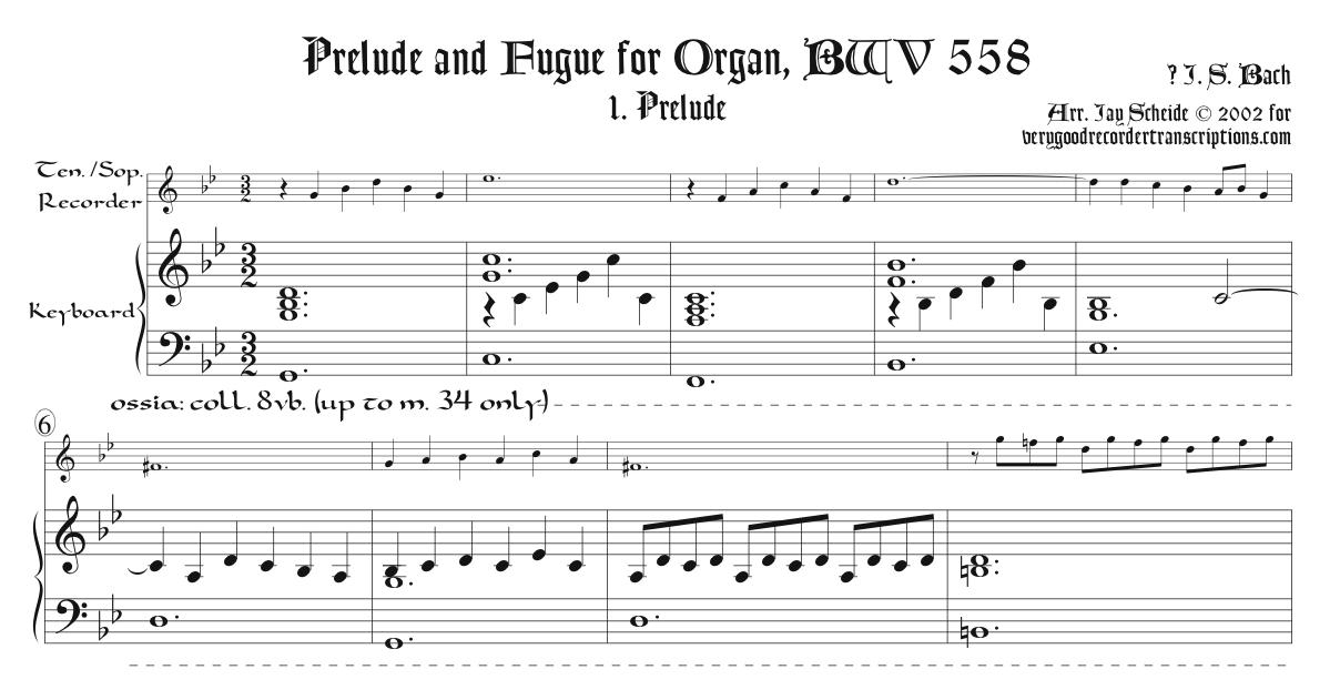 Prélude and Fugue, BWV 558, arr. for tenor or soprano recorder & keyboard