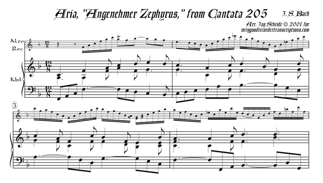 Pallas’s aria “Angenehmer Zephyrus” from Cantata 205 arr. for alto recorder, doubling tenor, & keyboard