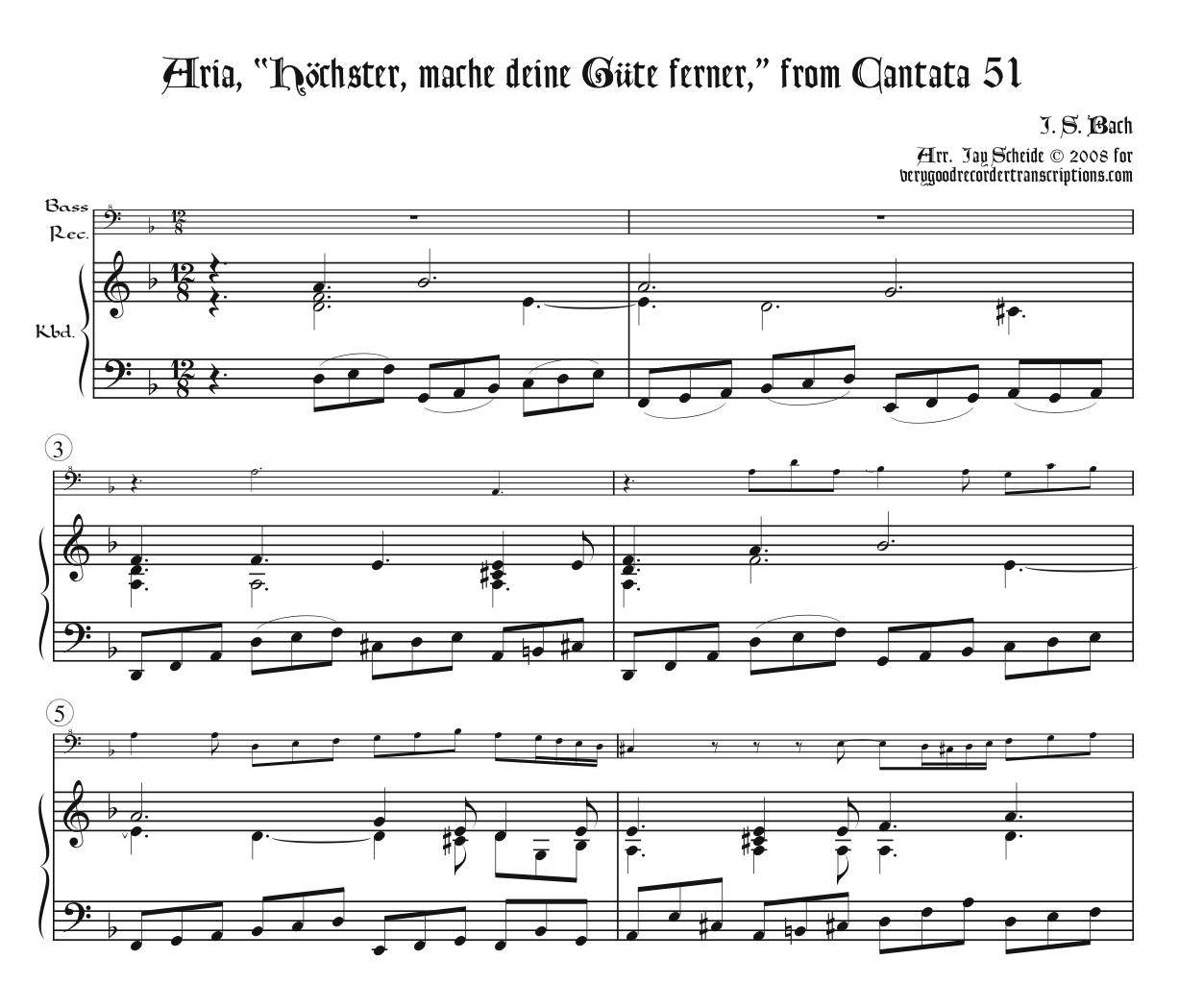 Aria, “Höchster, mache deine Güte ferner,” from Cantata 51, arr. for bass recorder & keyboard