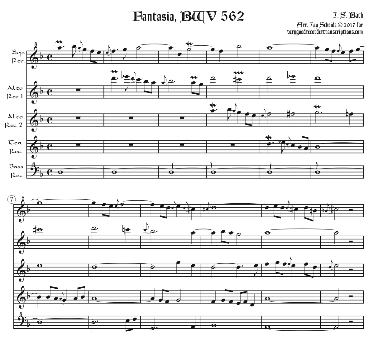 Fantasia BWV 562, arr. for recorder quintet
