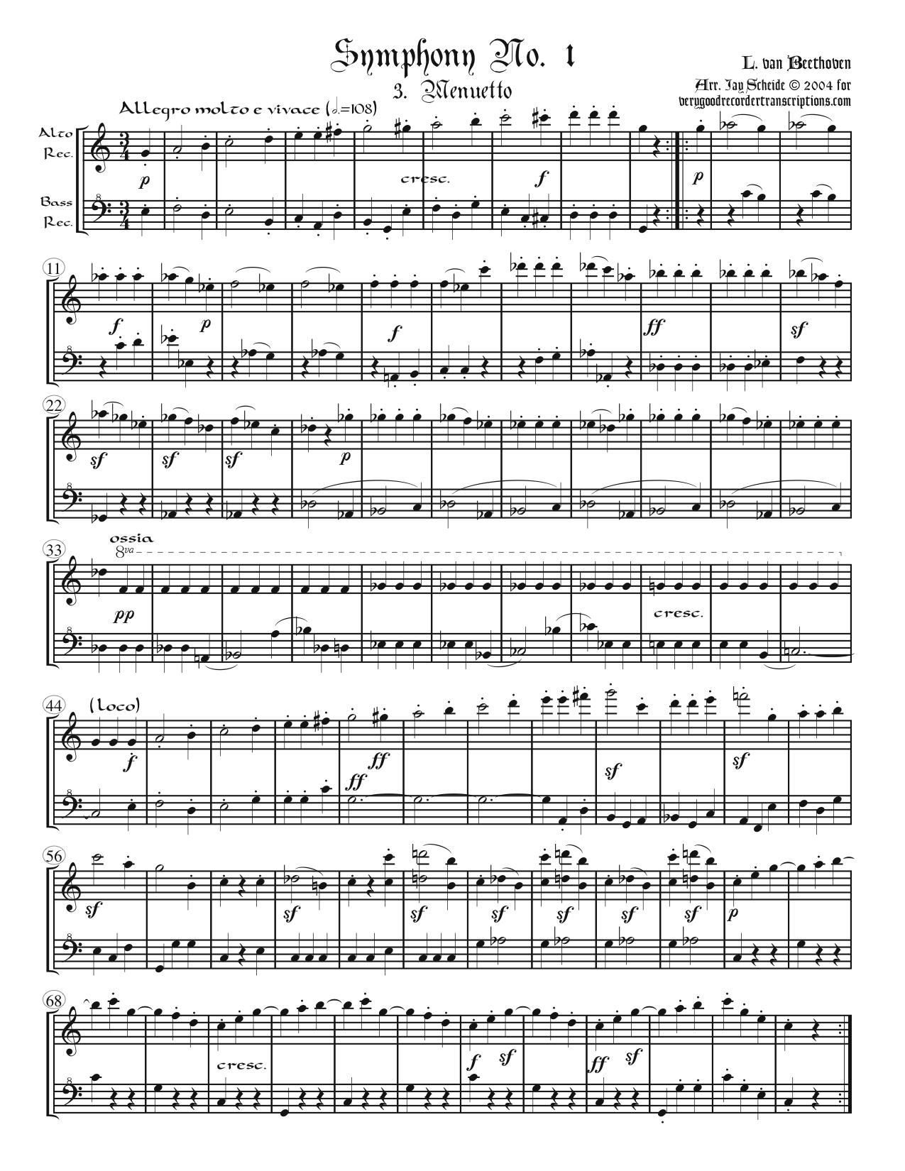 Menuetto from Symphony No. 1, arr. for alto & bass recorders