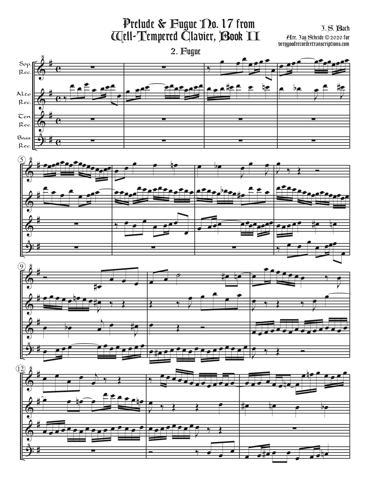 Fugue No. 17, BWV 886/2, arr. for SATB recorders