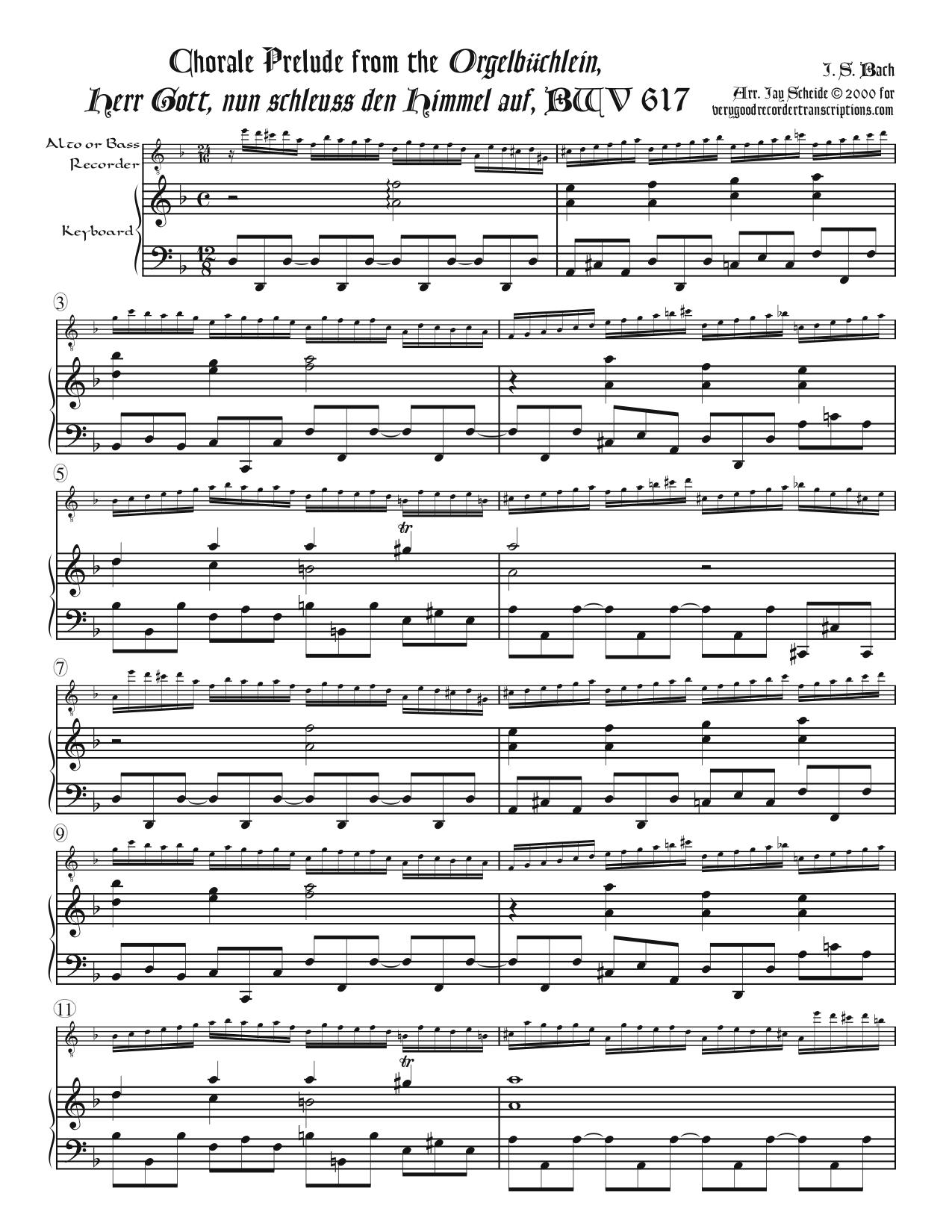 Chorale Prelude, “Herr Gott, nun schleuss den Himmel auf,” BWV 617, arr. for alto or bass recorder & keyboard