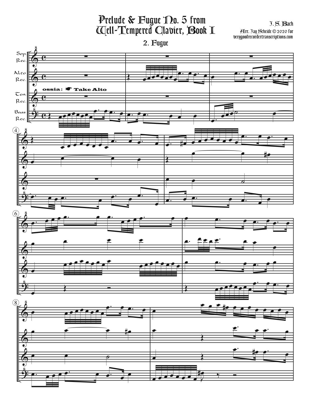 Fugue No. 5, BWV 852/2, arr. for recorder quartet, 2 versions