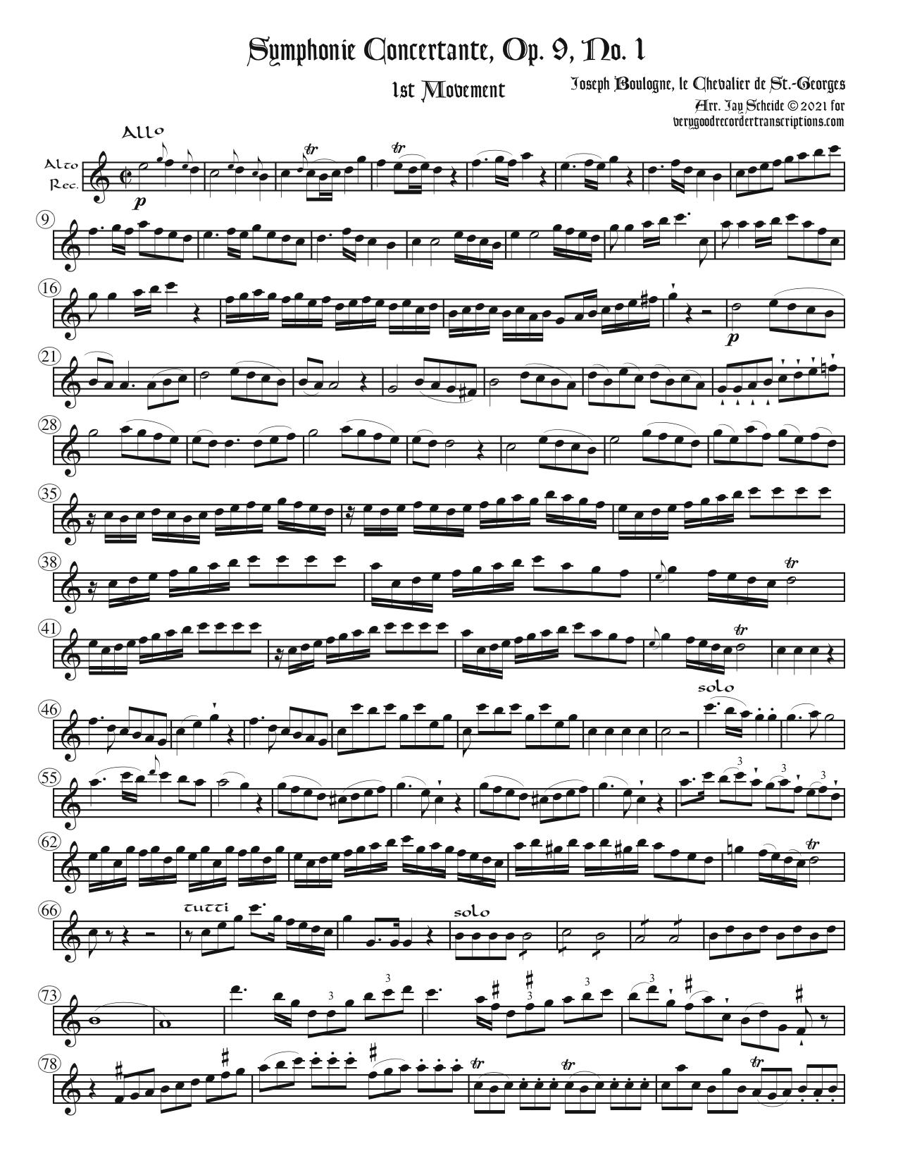Recorder parts for Four Symphonies Concertantes, one Symphony & one Overture