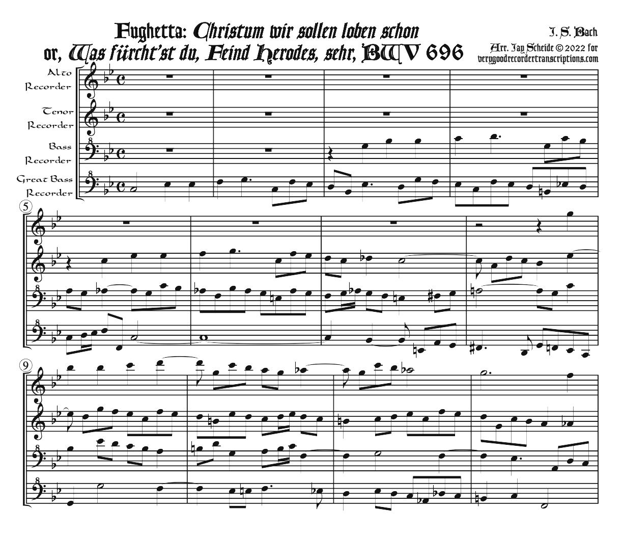 Fughetta: *Christum wir sollen loben schon*, BWV 696, arr. for recorder quartet