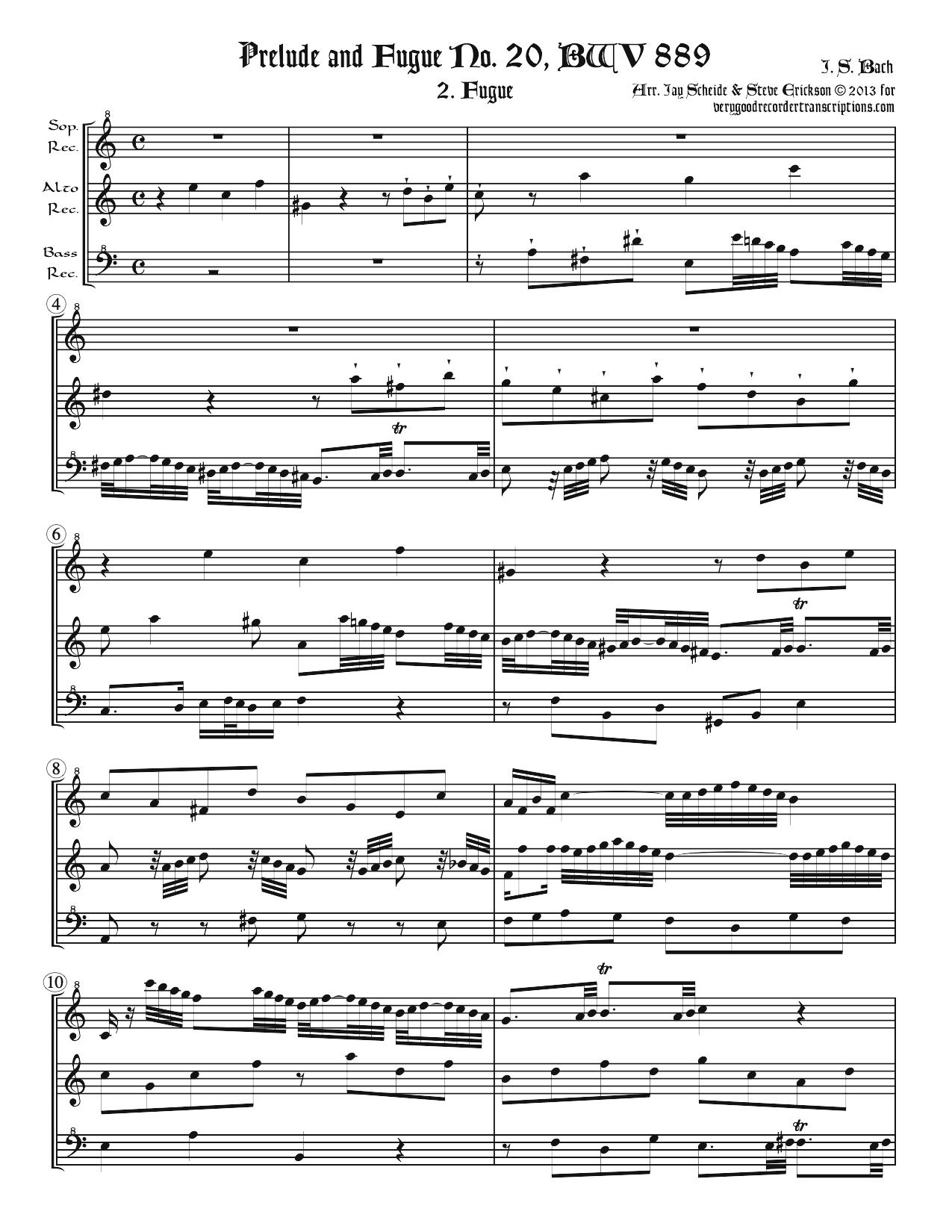 Fugue No. 20, BWV 889/2, arr. for SAB recorders