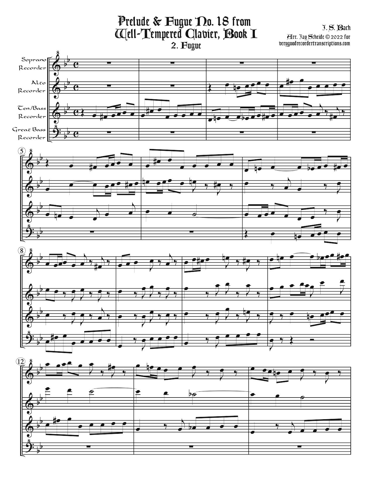 Fugue No. 18, BWV 863/2, arr. for recorder quartet