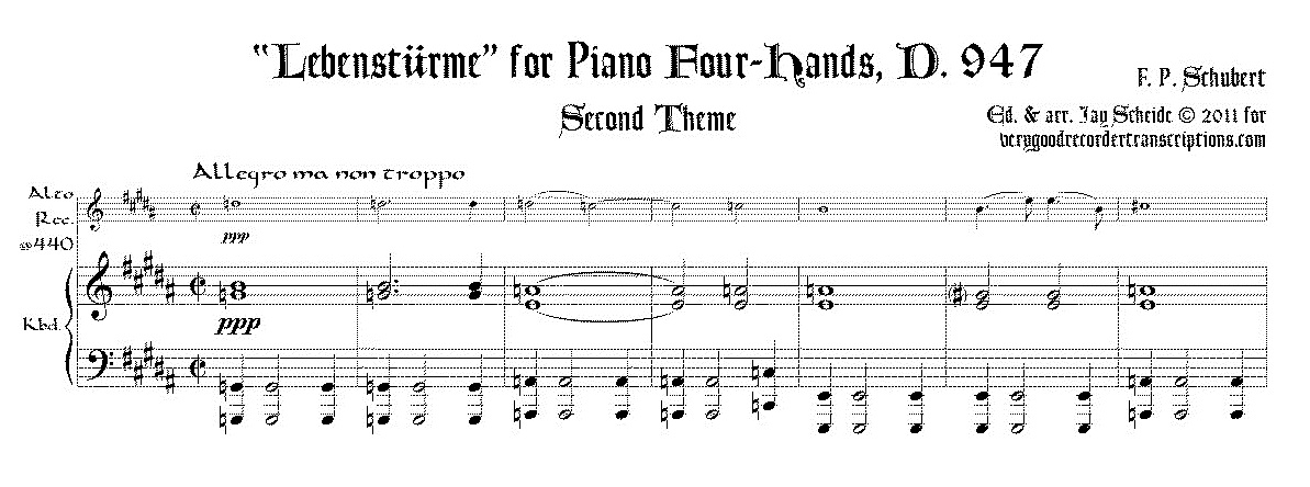 Excerpt from “Lebenstürme”, D. 947 for pf. 4-hands (With switch to alto recorder @415)