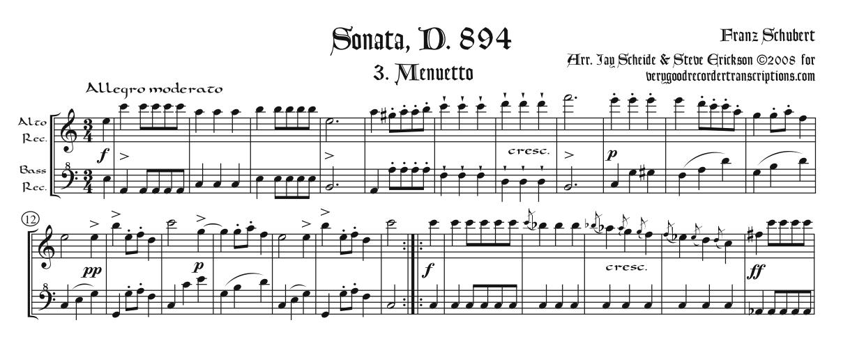 Menuetto from Sonata, D. 894, arr. for alto & bass recorders, two versions