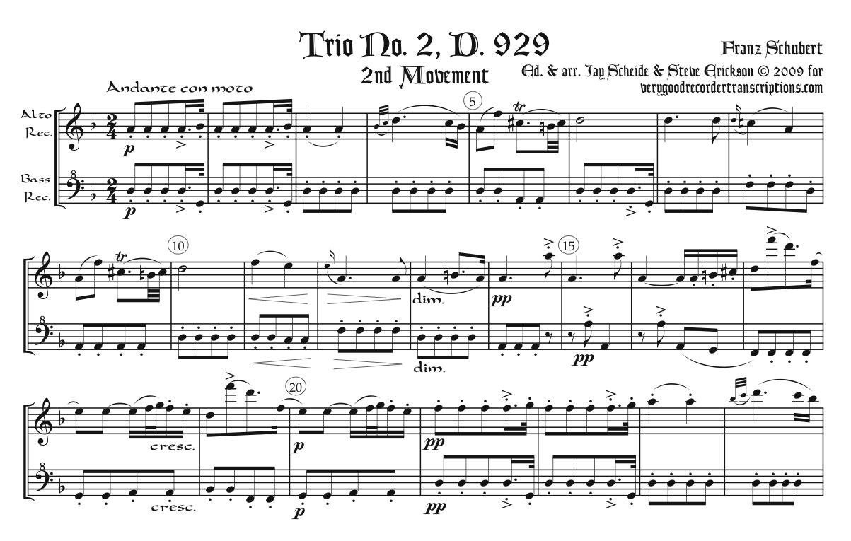 2nd Mvmt. of Trio No. 2, D. 929, arr. for alto & bass recorders