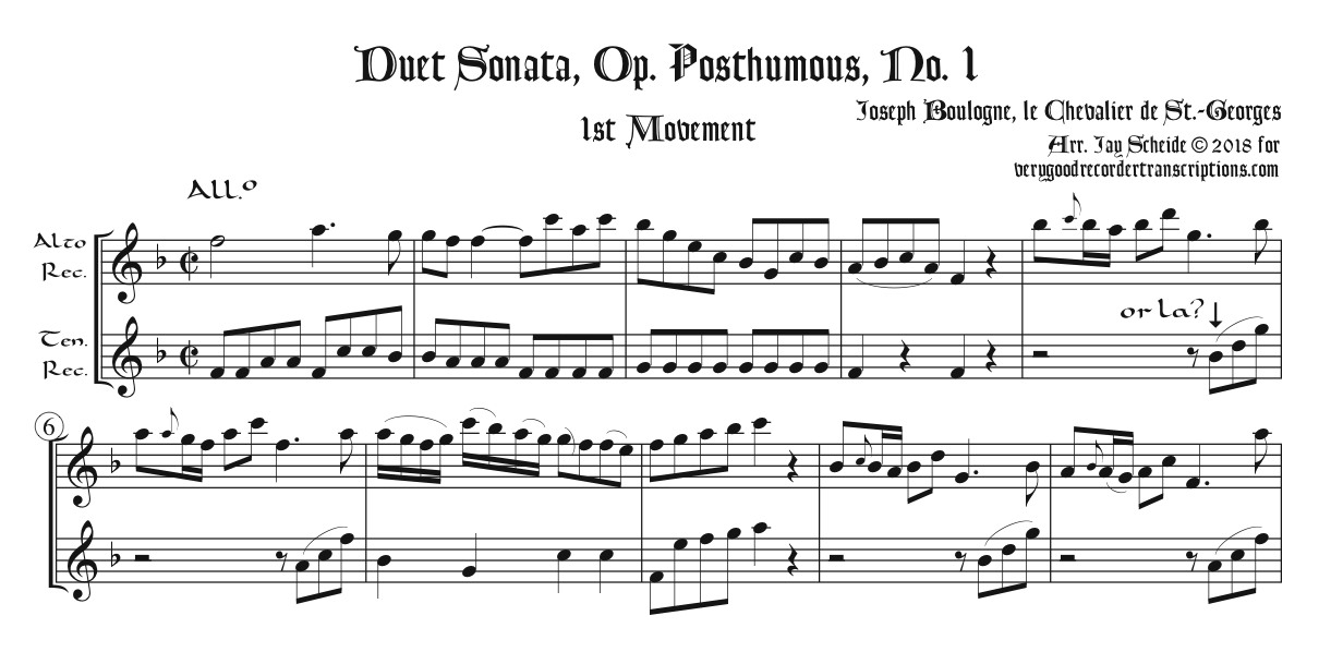 Duet, Op. Posthumous, No. 1, 1st Mvt., arr. for alto & tenor recorders