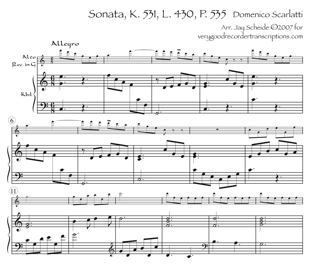 Sonata K. 531, L. 430, P. 535, for alto in G, with optional switch to alto in F