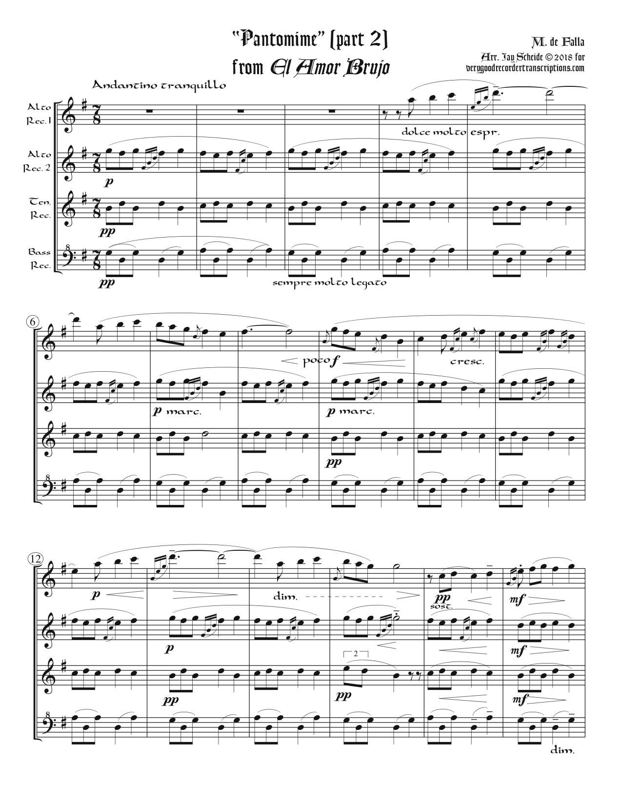 Two Scenes from *El Amor Brujo* for Recorder Quartet