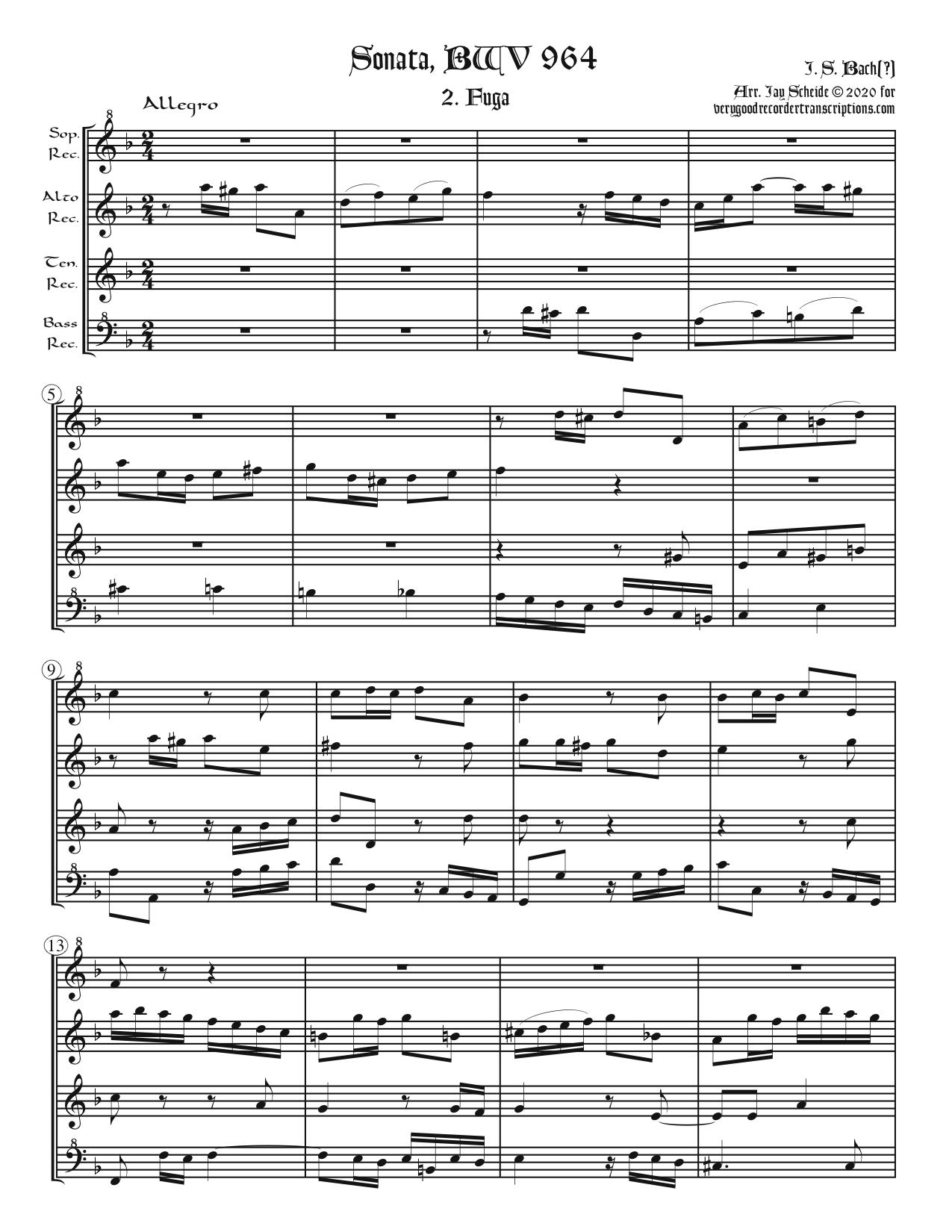 Fugue from Sonata, BWV 964, arr. for SATB recorders
