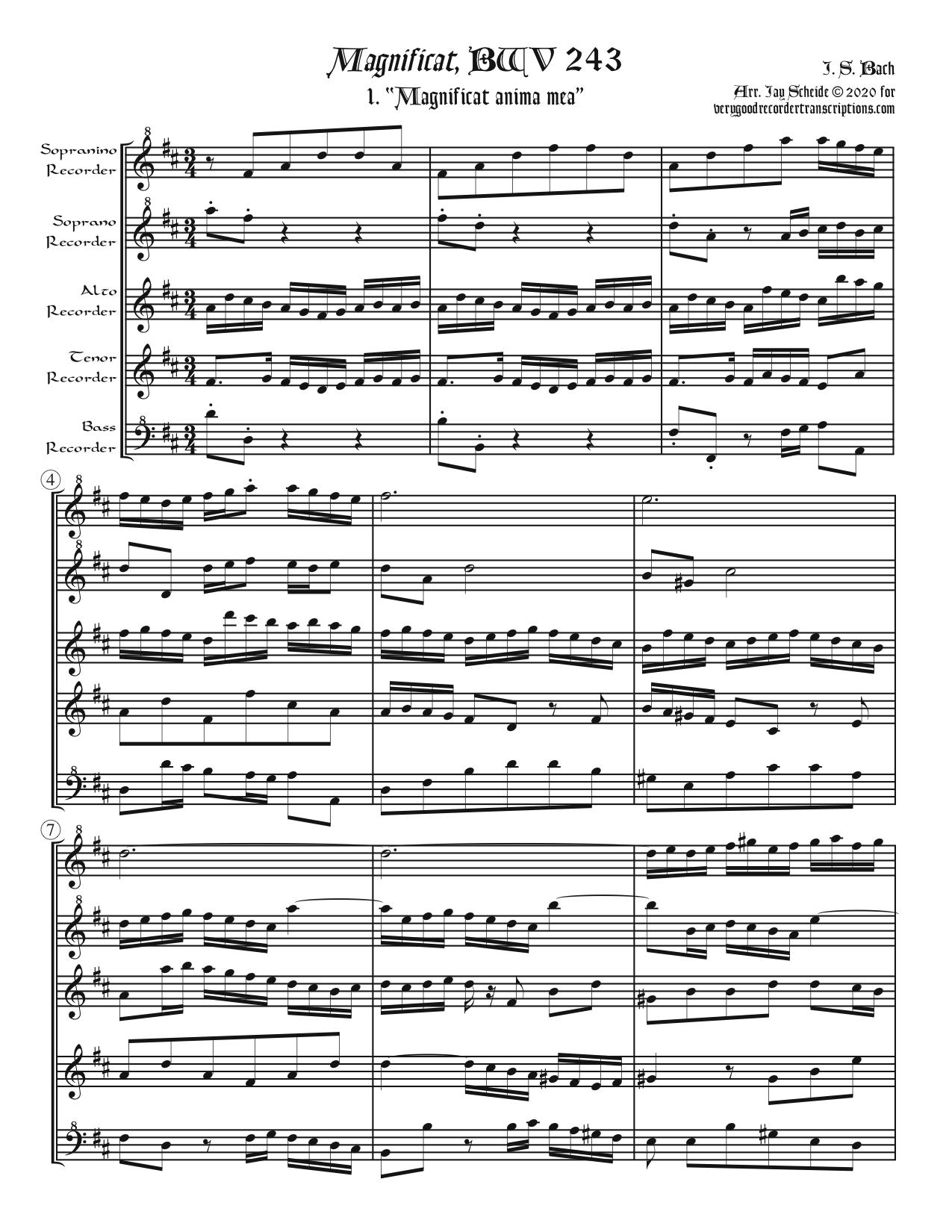 All Six Choruses from the *Magnificat*, BWV 243 (plus one alternative version), for Recorder Quintet