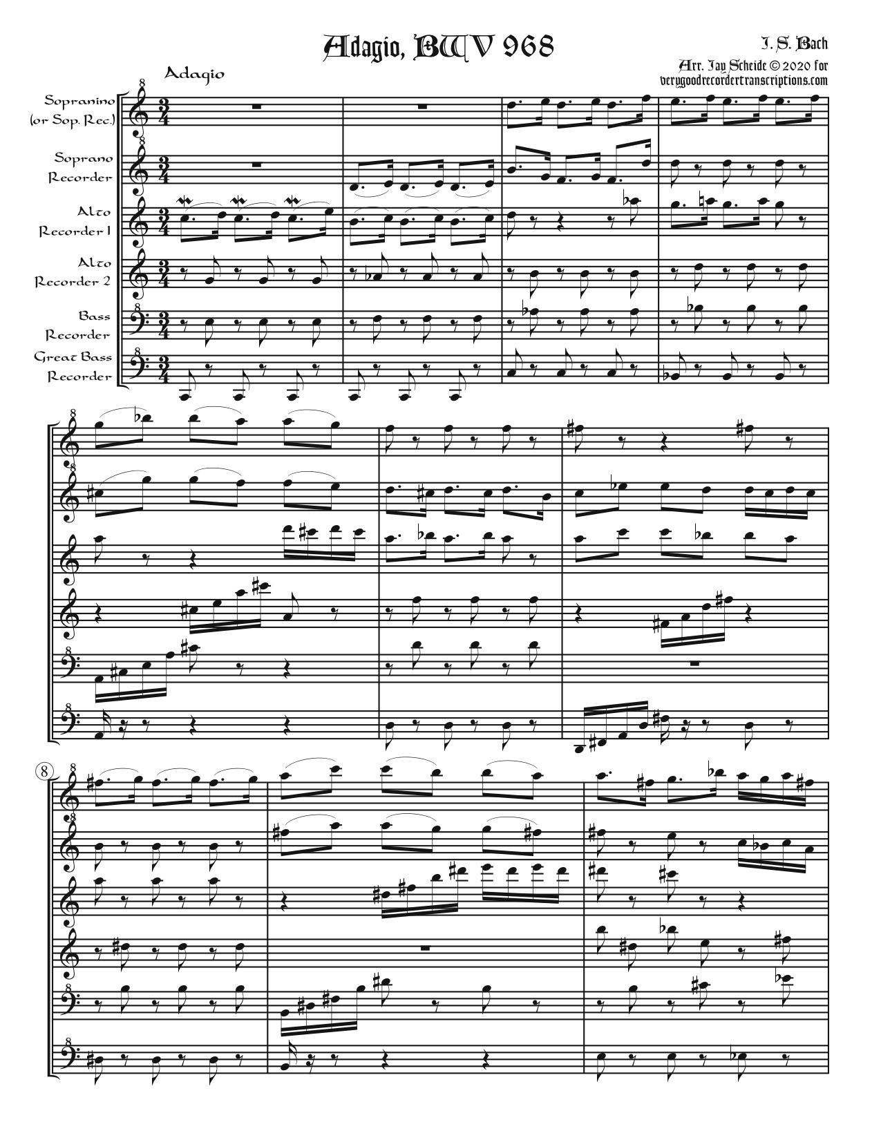 Adagio, BWV 968, arr. for recorder sextet