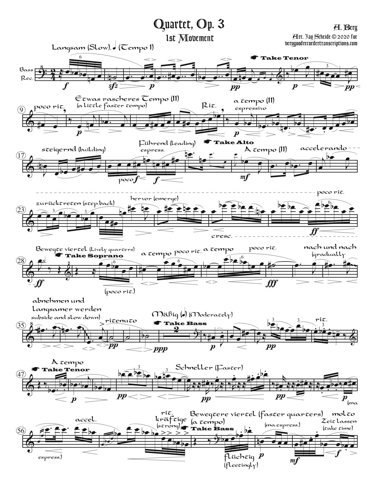 Quartet, Op. 3, arr. for 5 sizes of recorder in alternation